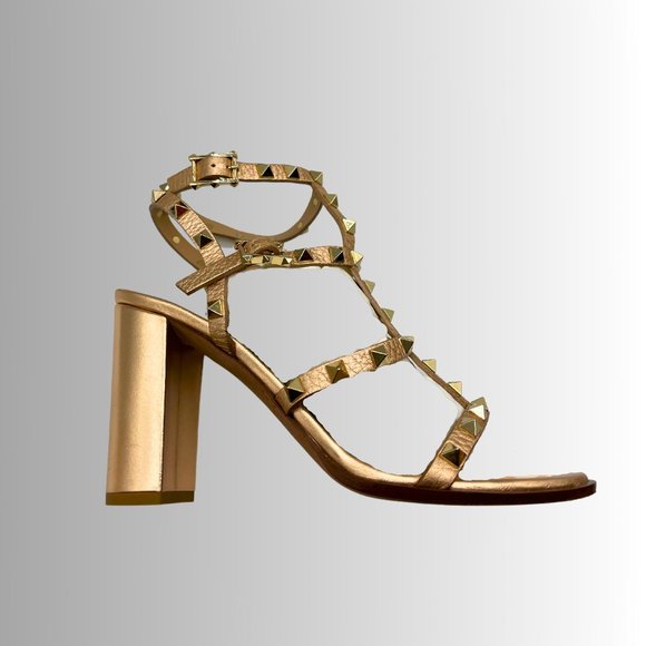 VALENTINO GARAVANI LEATHER ROCKSTUD ROSE GOLD GLADIATOR METALLIC SANDALS, SZ 39 - Picture 8 of 15